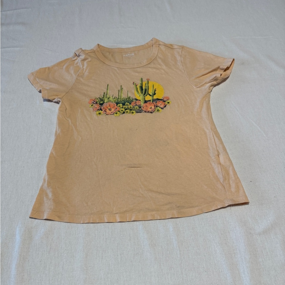 Old Navy Women Size‎ XS Tan Graphic T-Shirt with Cactus Design